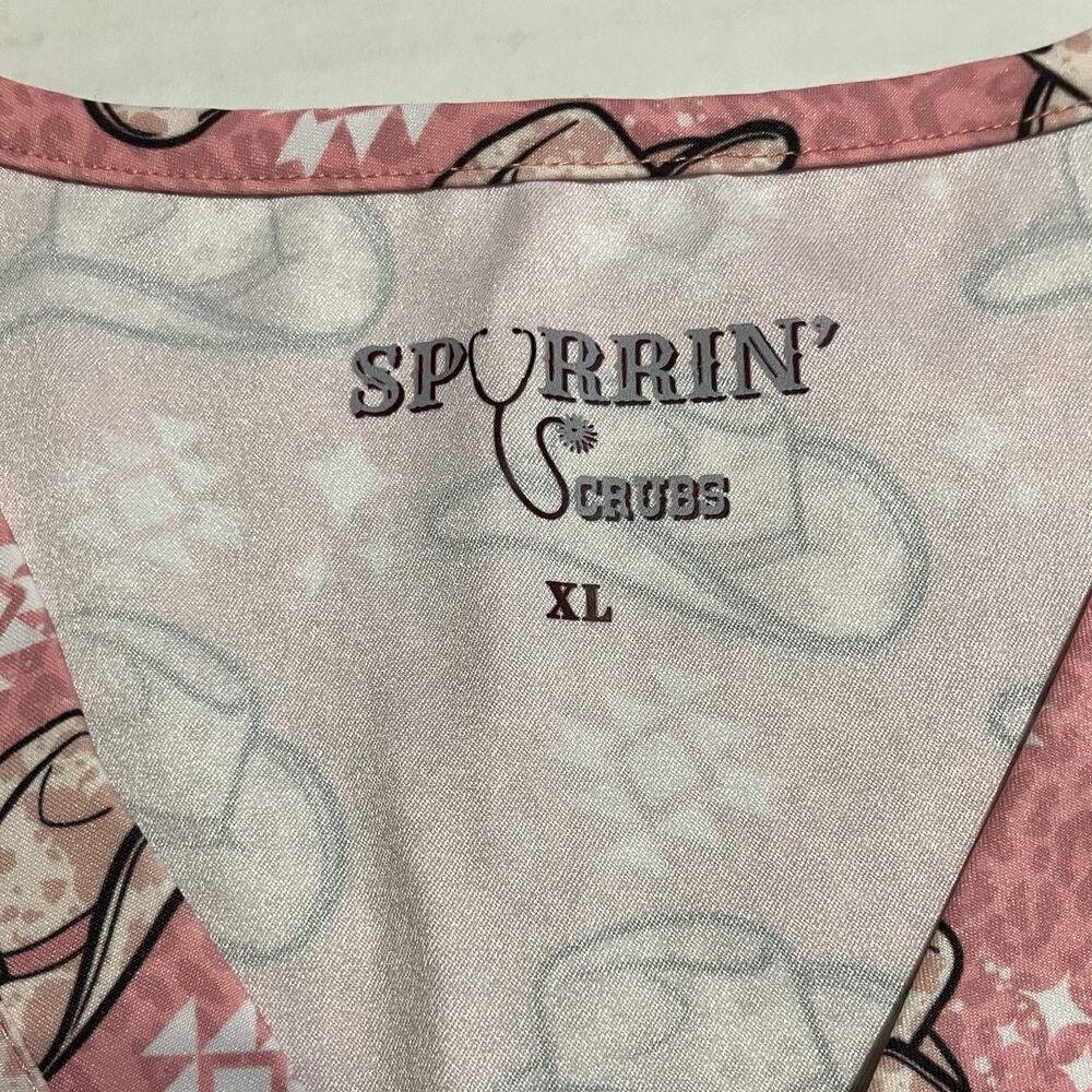 Womens Spurrin’ Scrubs Medical Scrub Top Western Cowboy Cowgirl Hat Pink XL READ - Picture 4 of 11